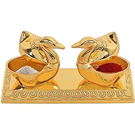 Metal Loving Bird Duck Chopda Pair with Kumkum Roli Rice Box